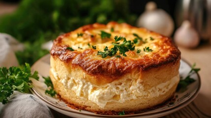 Creamy cheese souffle cake beautifully garnished with fresh herbs on a rustic wooden table with elegant kitchen background decor.