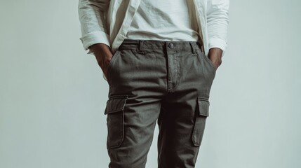 Men's Grey Cargo Pants with Pockets Showcased by Model in Professional Studio Setting