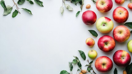 variety of fresh colorful apples with green leaves on a light background arranged artfully for a vibrant natural display