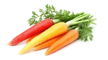 Vibrant assortment of fresh red orange and yellow carrots with green foliage on a clean white background for culinary or health themes