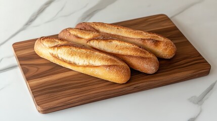 Artisan Baguettes on Cutting Board Freshly Baked with Golden Crust and Soft Interior