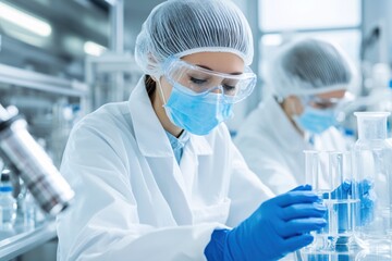 Fototapeta premium Female Scientist Conducting Experiment in Laboratory with Equipment and Glassware
