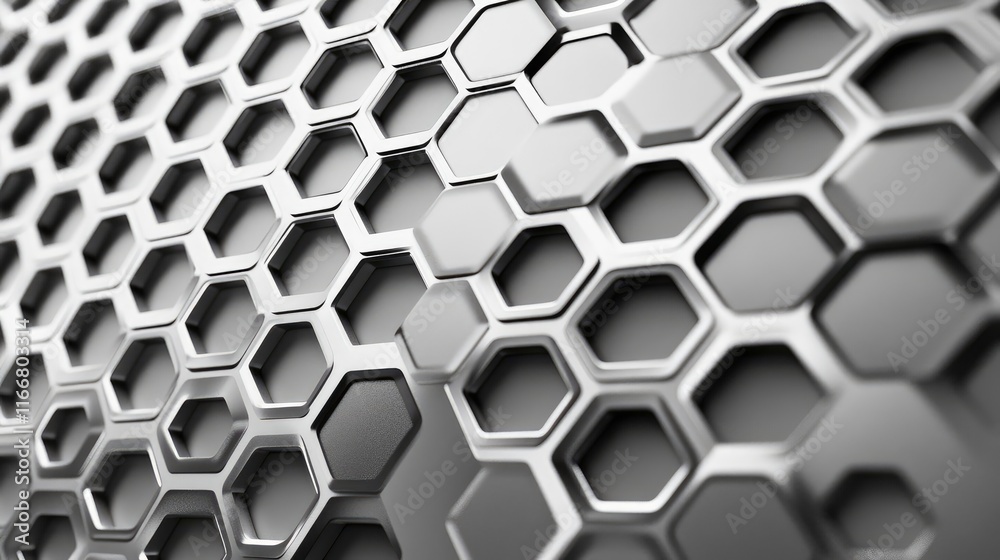 Poster metallic hexagonal honeycomb pattern with shiny textures and geometric design elements