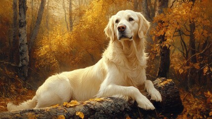 Golden Retriever resting on a log surrounded by autumn foliage in a serene forest setting