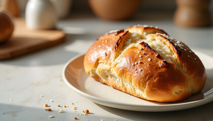 Rustic lent bread with crispy crust on kitchen countertop, cozy atmosphere