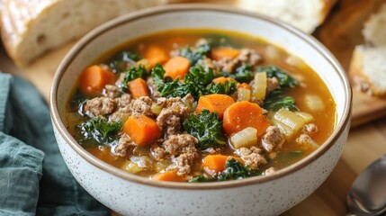 Savory autumn vegetable soup with ground meat and kale served in a rustic bowl next to bread.