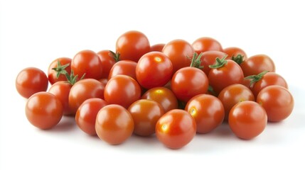 Vibrant cherry tomatoes in a scattered arrangement on a bright white table background showcasing freshness and natural produce quality.