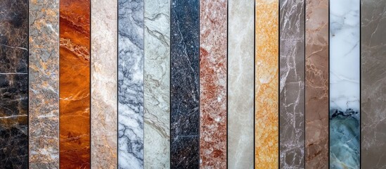 Colorful marble sample tiles arranged in a grid showcasing various textures and patterns ideal for interior design or architecture projects