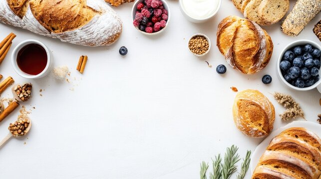 Assorted Freshly Baked Bread and Breakfast Items with Berries and Ingredients on Clean White Background