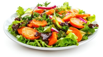 Vibrant carrot salad with fresh greens and red onion served on a white plate against a clean background