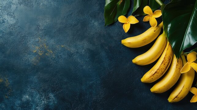 Yellow ripe bananas with tropical flowers and leaves on dark slate background healthy fruit composition top view food banner