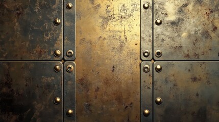 Fototapeta premium Detailed golden metal texture background featuring riveted plates and a weathered finish ideal for industrial and artistic designs