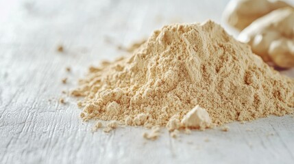 Dried ginger powder on a rustic white wooden surface highlighting its texture and natural color