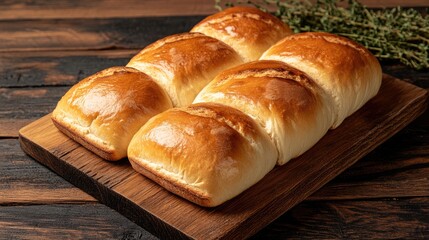 Naklejka premium Artisan Freshly Baked Bread Rolls on a Rustic Wooden Cutting Board with Herbs for Gourmet Presentation