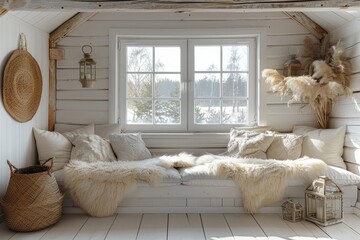 Sunny White Coastal Interior with Bay Window and Scandinavian Decor