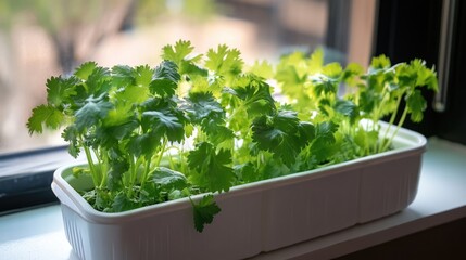 Cilantro growing on a sunny windowsill showcasing fresh green herbs in a cozy indoor atmosphere