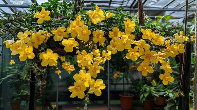 Vibrant Golden Guinea Flower Hibbertia Scandens Displaying Abundant Blooms in a Lush Greenhouse Setting
