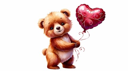 Watercolor teddy bear with heart shaped balloon. Valentines day concept for card, print, banner, baby book.