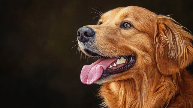 Golden Retriever portrait with tongue out showcasing friendly expression and vibrant golden fur against a dark background