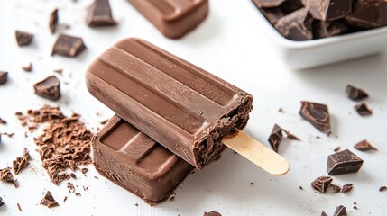 Chocolate popsicle with a creamy texture on a clean white background surrounded by chocolate chunks and shavings for a tempting look