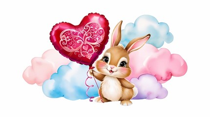 Watercolor bunny with red heart balloon on the sky. Valentines day concept for card, print, banner, baby book.