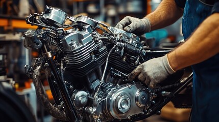 Obraz premium A custom-built high-performance motorcycle engine being assembled by an expert mechanic.