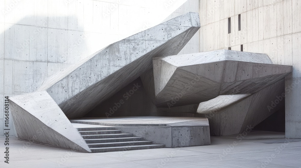 Poster abstract geometric concrete structure in minimalist urban landscape featuring angular forms and step