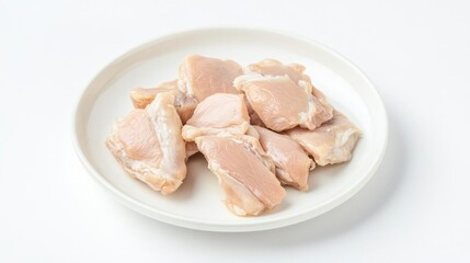 Fresh raw chicken meat pieces arranged on a white plate against a clean white background ideal for culinary and food preparation concepts