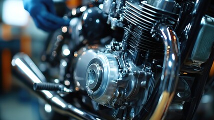 Fototapeta premium A custom-built high-performance motorcycle engine being assembled by an expert mechanic.