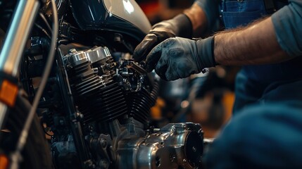 A custom-built high-performance motorcycle engine being assembled by an expert mechanic.