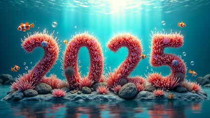 Happy New Year 2025! Underwater scene with coral forming the number 2025 and clownfish.
