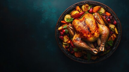 Roasted Whole Chicken Surrounded by Colorful Vegetables on Dark Blue Background with Copy Space for Culinary Text and Recipes