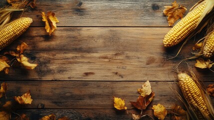 Fresh golden corn on rustic wooden table with autumn leaves showcasing seasonal harvest and natural...