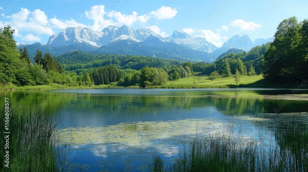Aufkleber scenic view of tranquil mountain lake surrounded by lush greenery and towering peaks in a natural re