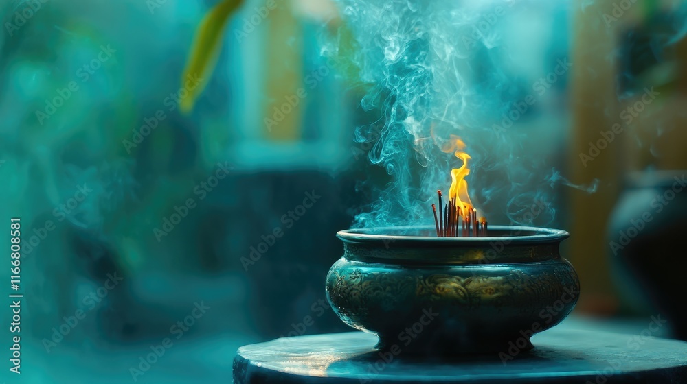 Poster burning incense sticks in a traditional pot creating soothing smoke in a serene and calming environm