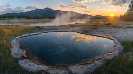 Geothermal Hot Spring at Sunset with Rocky Mountain Reflections and Mist Rising Over Calm Waters in Tranquil Landscape