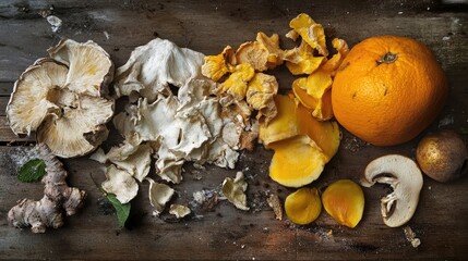 Organic and decayed produce showcasing bacterial cultures on rustic wooden background in a flat lay arrangement