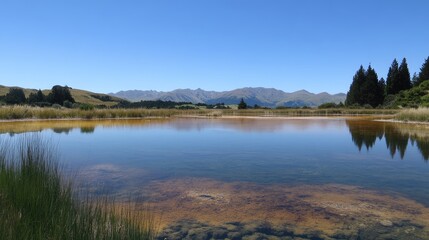 Obraz premium Serene Landscape of Clear Blue Sky Reflecting in Tranquil Geothermal Waters with Lush Vegetation and Majestic Mountains in Background