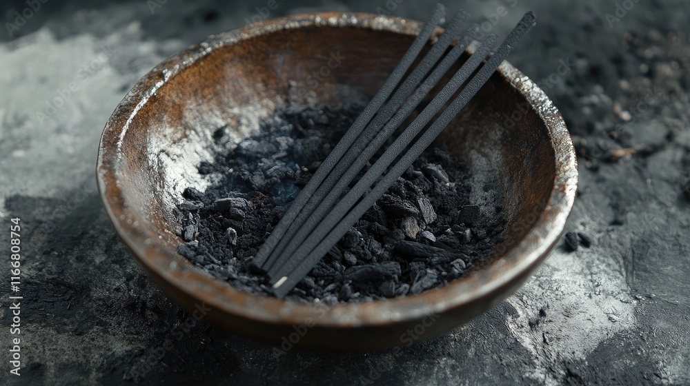 Poster Incense sticks resting in a bowl of ash creating a tranquil atmosphere for relaxation and meditation.