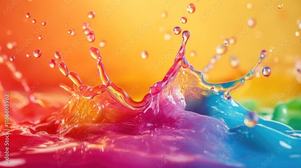 Aufkleber Vibrant macro shot of colorful liquid splashes with bright drops creating dynamic patterns on an abstract background