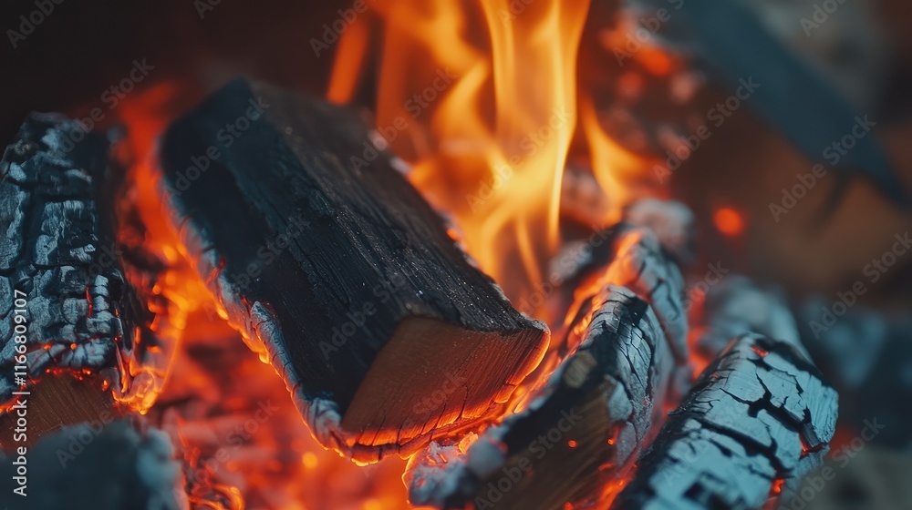 Poster Cozy fireplace with glowing embers and rustic logs creating warmth in a winter setting for home comfort and relaxation ambiance