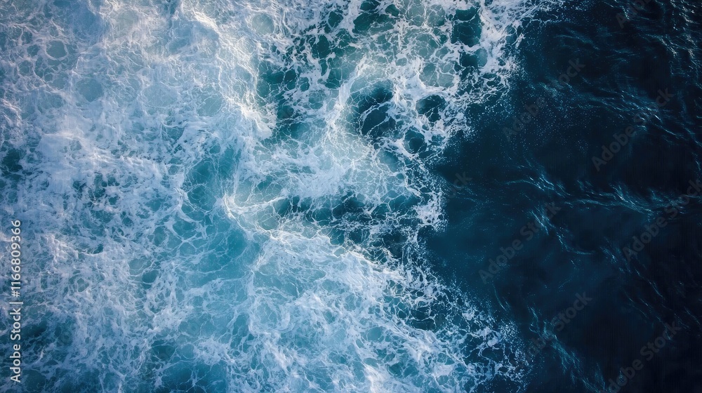 Poster aerial view of turquoise ocean waves with white foam and clear sky capturing natural water textures 