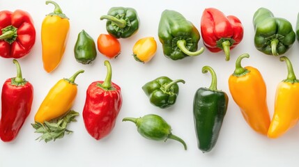 Assorted fresh chili peppers variety isolated on a clean white background for culinary and agricultural presentations