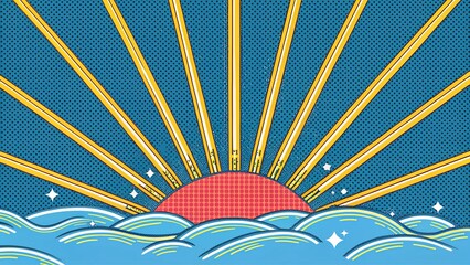 Vibrant illustration of radiant light rays emerging from a stylized sun above fluffy clouds, the concept of energy and tetahiling
