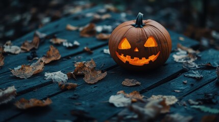 Halloween Pumpkin with Glowing Face Amidst Autumn Leaves on Rustic Wooden Table
