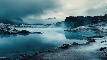 Obraz premium Peaceful Geothermal Spa Landscape with Blue Lagoon under Dramatic Cloudy Sky and Steam Rising from Water in Winter Setting