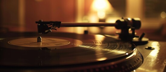 Close-up of turntable playing vinyl record in warm light.