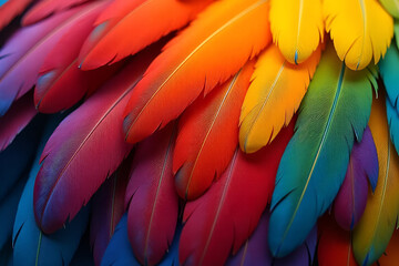 Fototapeta premium Colorful feathers background. Macro photo of soft parrot feathers in vivid rainbow colors. Abstract colorful composition with copy space. Bird wildlife pattern texture. Rainbow macaw feathers banner
