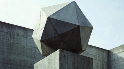 Concrete Minimalist Geometric Polyhedron Sculpture Against Monochrome Backdrop