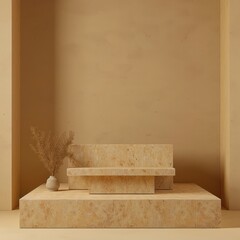 Minimalist 3D rendering of a simple geometric beige podium display with a ceramic vase and other abstract decorative elements  Neutral color palette and clean lines create a modern